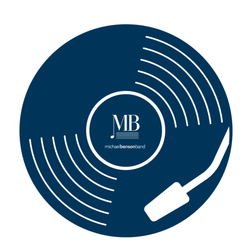 A stylized dark blue vinyl record with grooves, featuring the initials MB and the text michaelbensonband at the center, with a white tonearm positioned on the right side.